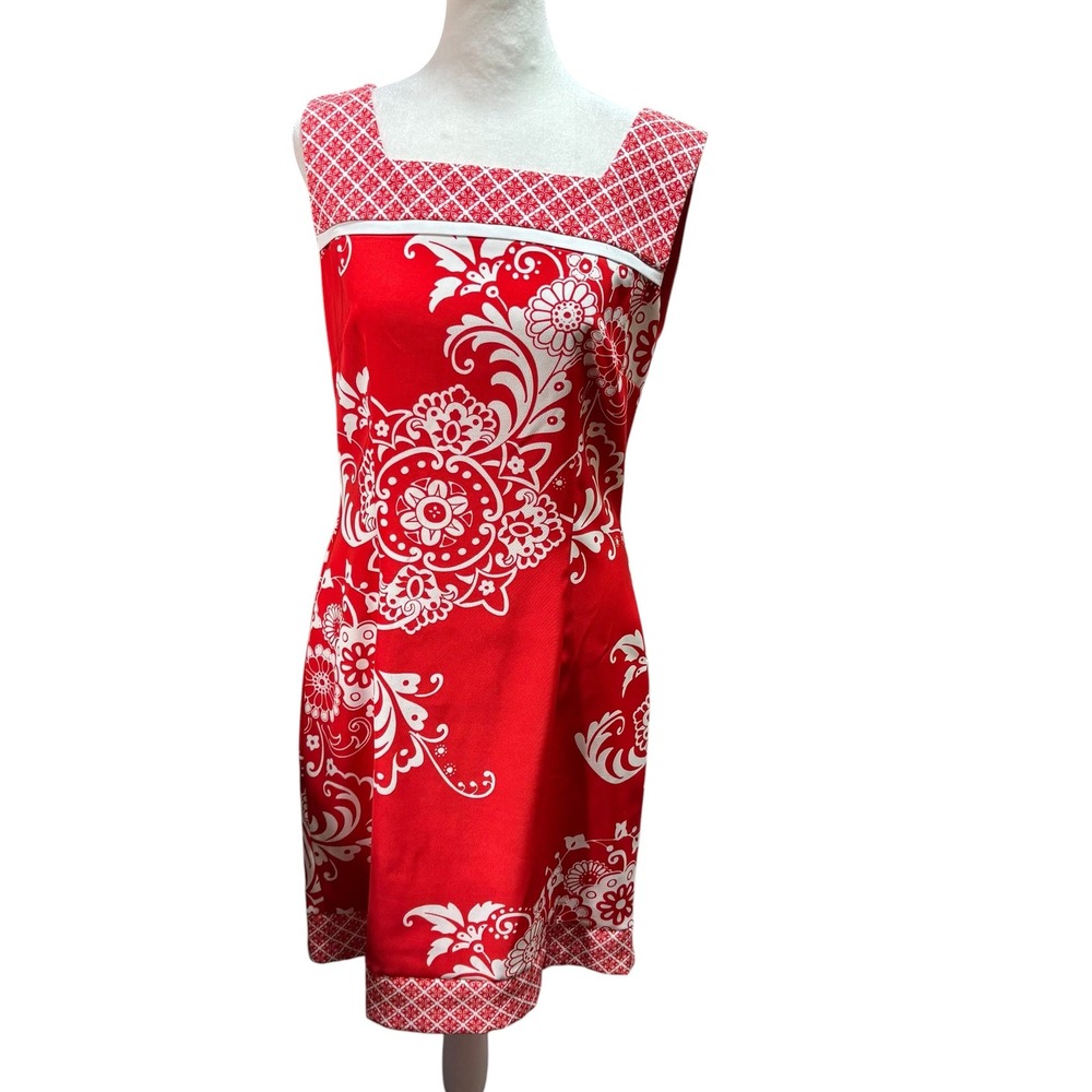 Connected Apparel Red White Floral Paisley Sheath Dress Square Neck Size 6 #1160